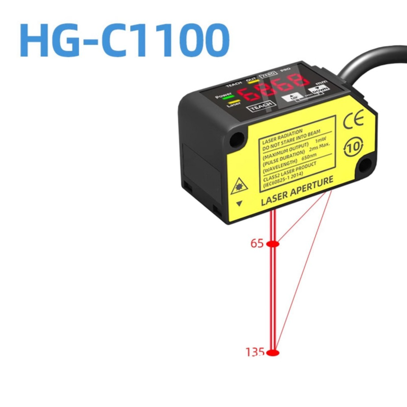 Capteur de déplacement laser HG-C1100, distance centrale 100 mm, plage de mesure ±35 mm, répétabilité 70 µm, IP67, 12-24 V CC, sortie NPN PNP, signal analogique 0-5 V 4-20 mA